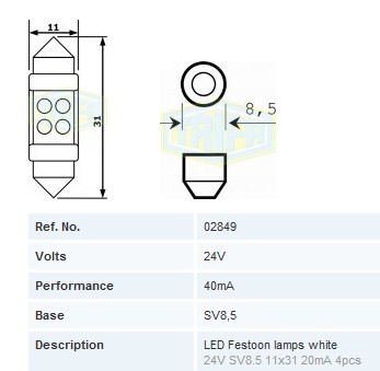 ΛΑΜΠΑ LED 24V ΣΩΛΗΝΩΤΗ ΚΟΝΤΗ 11*31 20mA ΛΕΥΚΗ