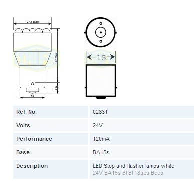 ΛΑΜΠΑ LED 24V 120mA ΚΑΡΥΔΑΚΙ ΑΣΠΡΗ ΜΕ ΒΟΜΒΙΤΗ  “BA15s S25/T25-18LED”